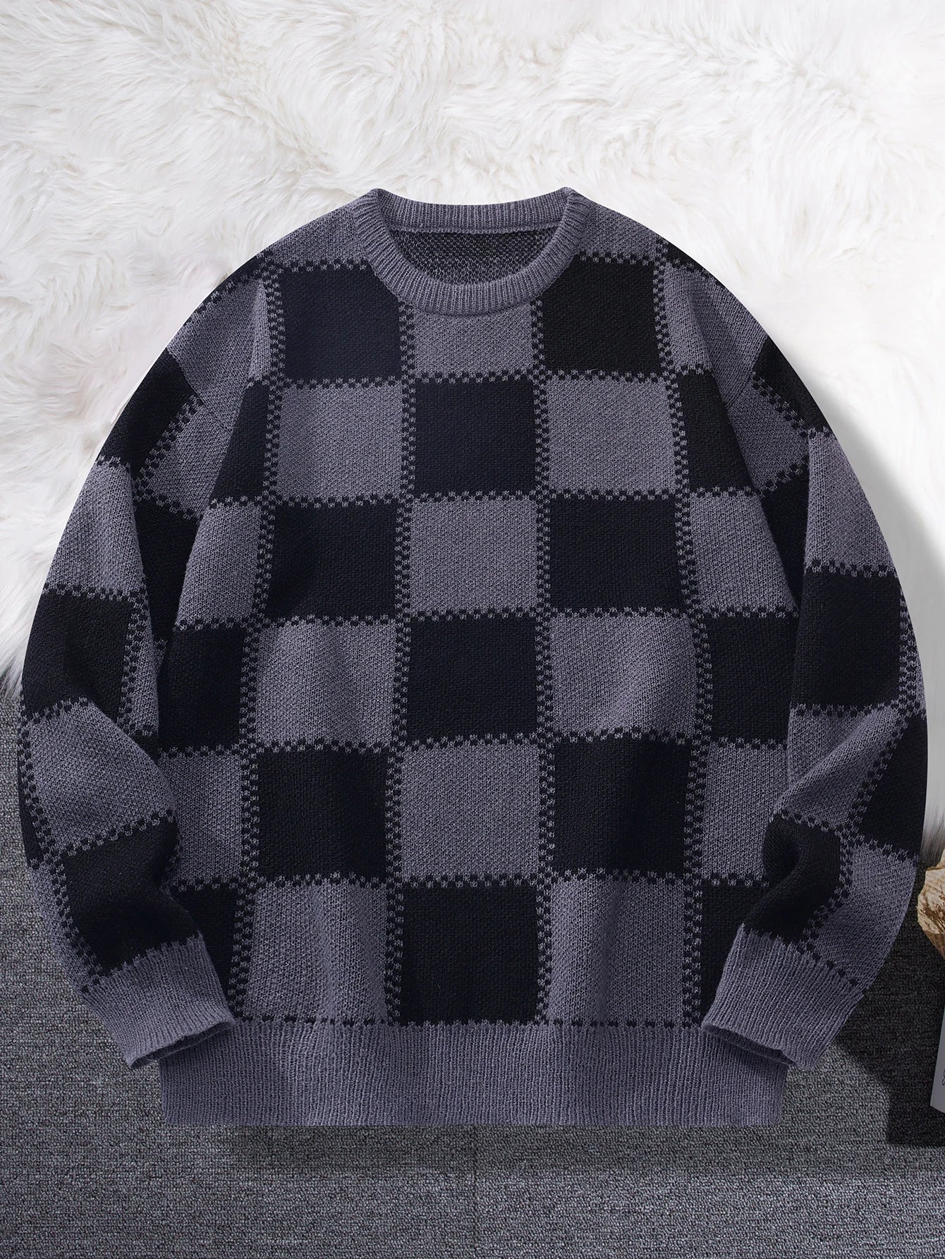 New Popular Autumn Winter Plaid Jacquard Pattern Pullover Sweater Casual Round Neck Contrast Color Knitted Men's Pullover