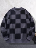 New Popular Autumn Winter Plaid Jacquard Pattern Pullover Sweater Casual Round Neck Contrast Color Knitted Men's Pullover