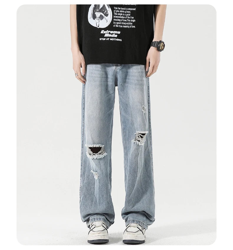 2025 Spring New Men's Ripped Jeans Baggy Straight Classic Light Blue Wide Leg Pants Elastic Waist Vintage Fashion Trousers Male