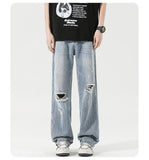 2025 Spring New Men's Ripped Jeans Baggy Straight Classic Light Blue Wide Leg Pants Elastic Waist Vintage Fashion Trousers Male