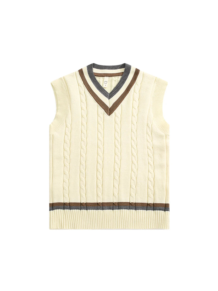 Men's British Retro College Style Color Block V-neck Sleeveless Knitted Vests Autumn Winter Versatile Layered Sweater Waistcoat
