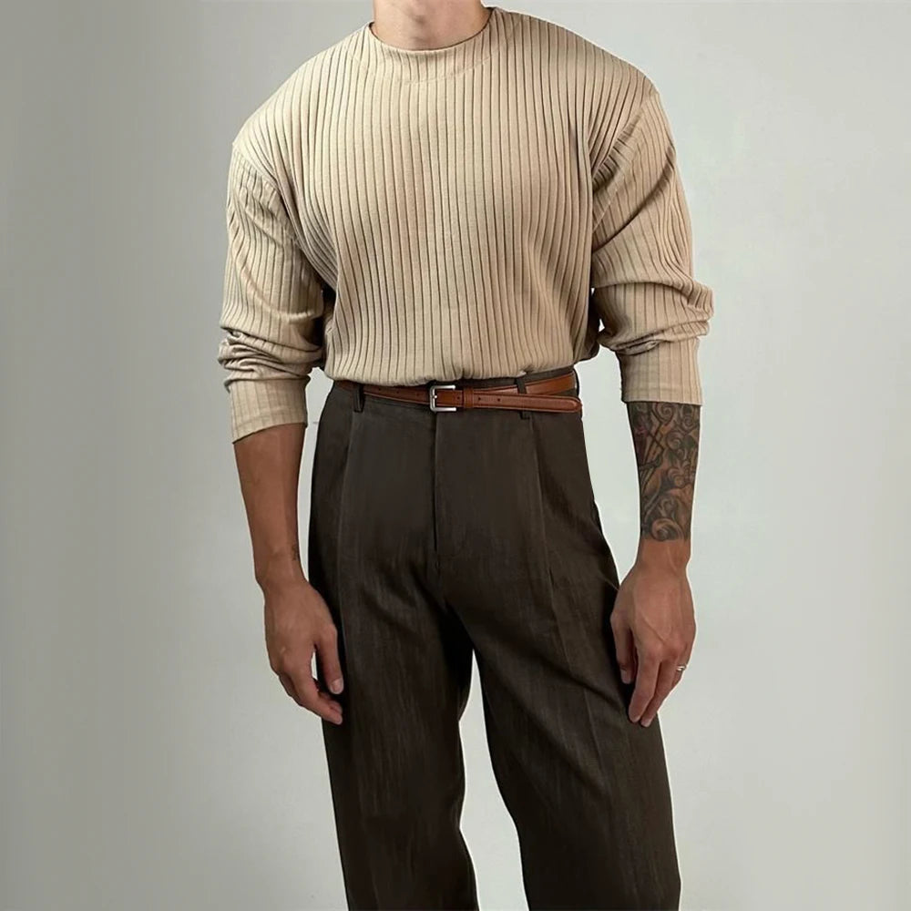 Mens Autumn Concave Convex Striped Off-Shoulder Long-Sleeved Knitted T-Shirt Gender-Neutral Casual Solid Color Loose Top Unisex