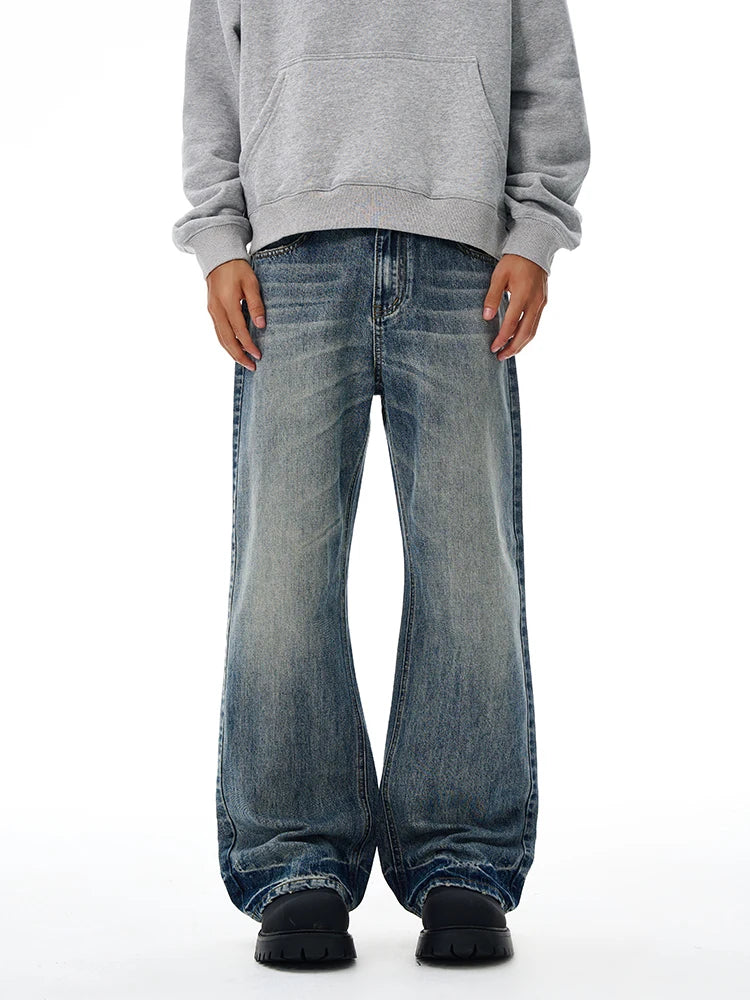Vintage Wash Men's Loose Jeans American Cleanfit High Street Micro Flared Trousers Autumn Fashion Casual Wide-leg Denim Pants