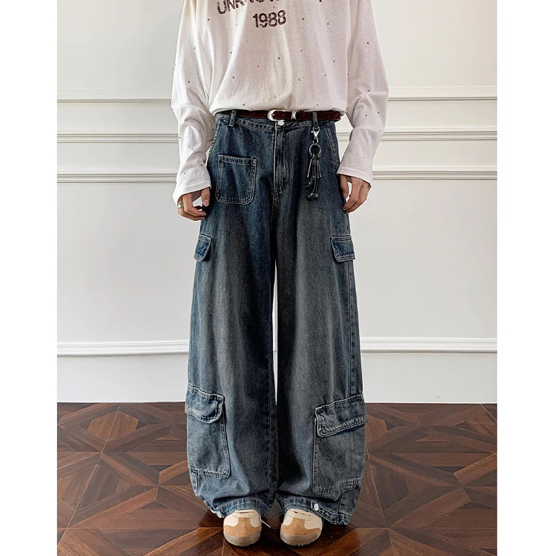 Men Workwear Cargo Jeans New Multi Pocket Loose Straight Leg Baggy Streetwear Denim Pants Urban Casual Trousers 2025 Autumn