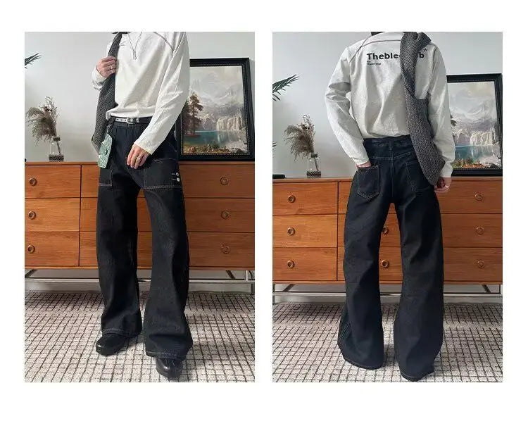 JEANS MEN Black Straight Leg Mens Jeans Novel Pocket Design Front Patch Denim Pants Trendy Fashion Casual Trousers Hot Sale 2025