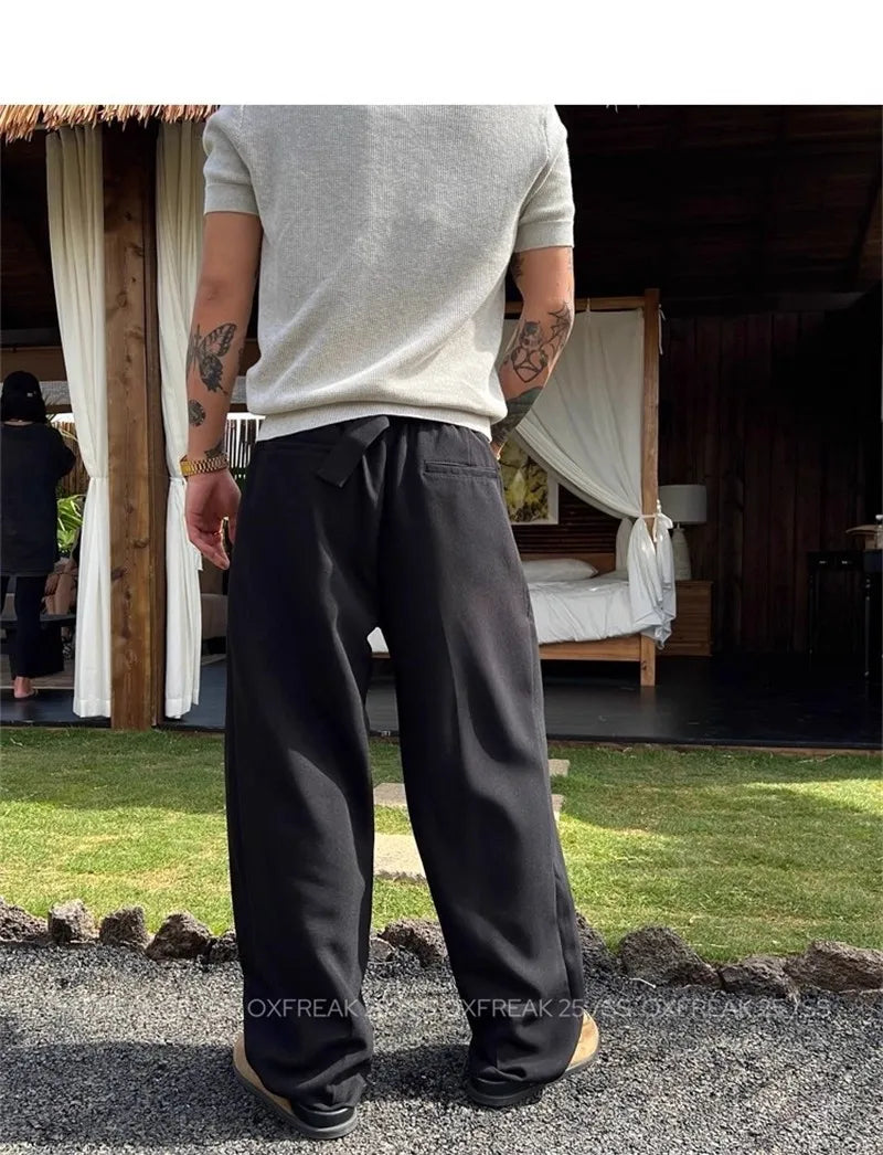 New Retro Fashion Men Suit Pants Light Luxury Draped Baggy Belt Button-down Solid Color Straight Trousers Elegant Dress Pants