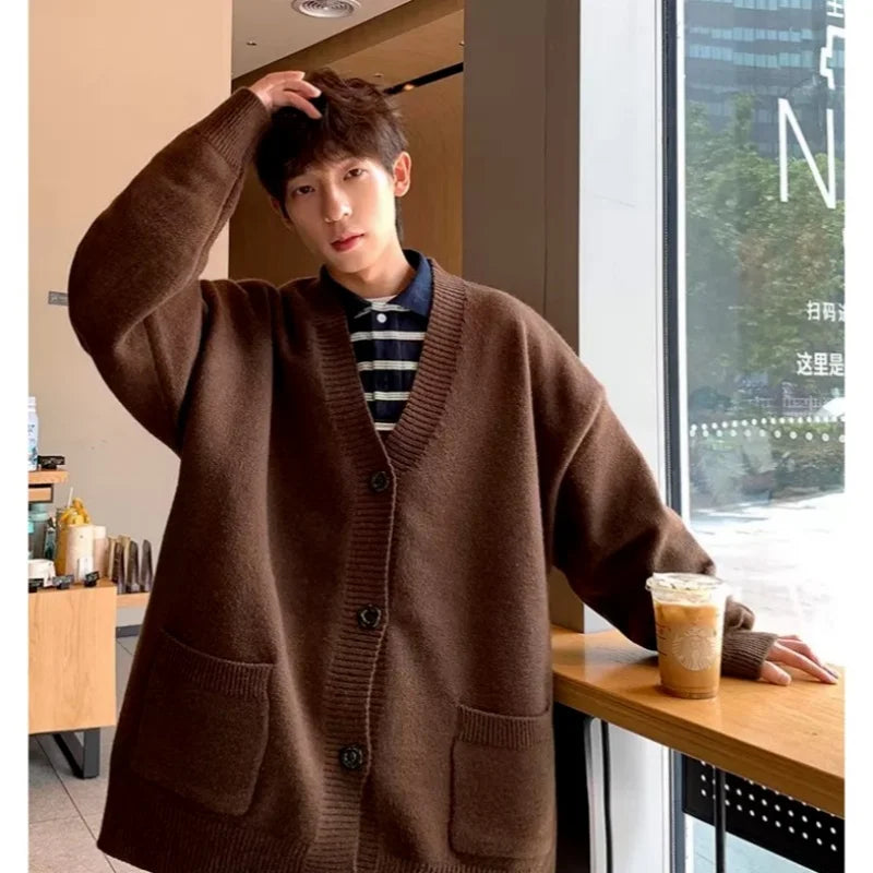 2025 new V-neck sweater jacket men's spring and autumn knitted cardigan men's trendy brand youth high-end woolen swea