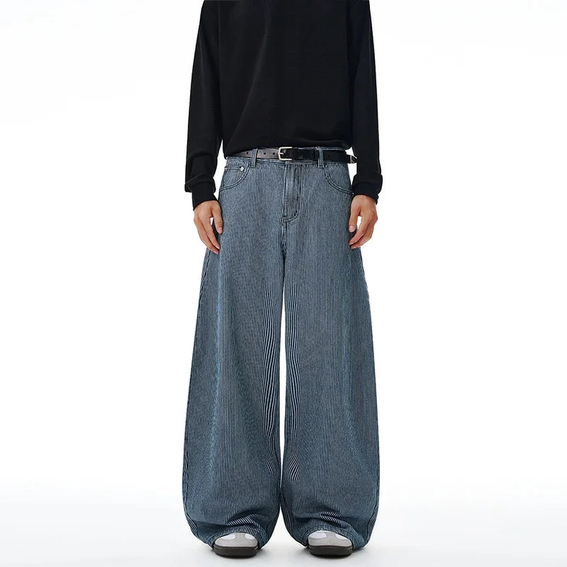 Autumn New Striped Jeans Men's Retro Wash Loose Wide-leg Denim Pants American High Street Fashion Cotton Casual Trousers
