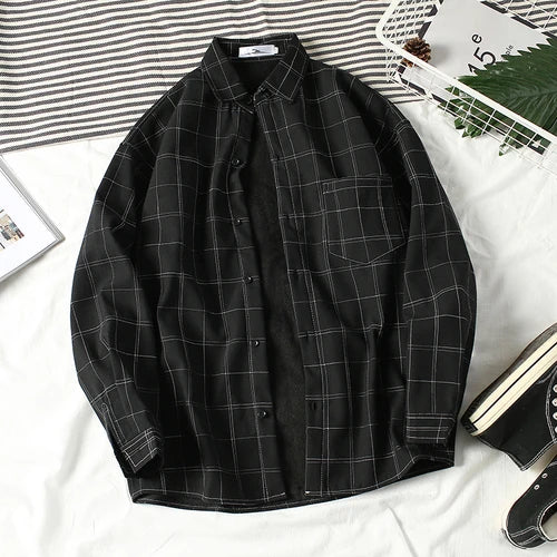 Shirts Men Winter Fleece Plaid Loose Trendy Basic Black Simple Thermal Camisa Masculina Fashion Daily Casual Clothing Handsome