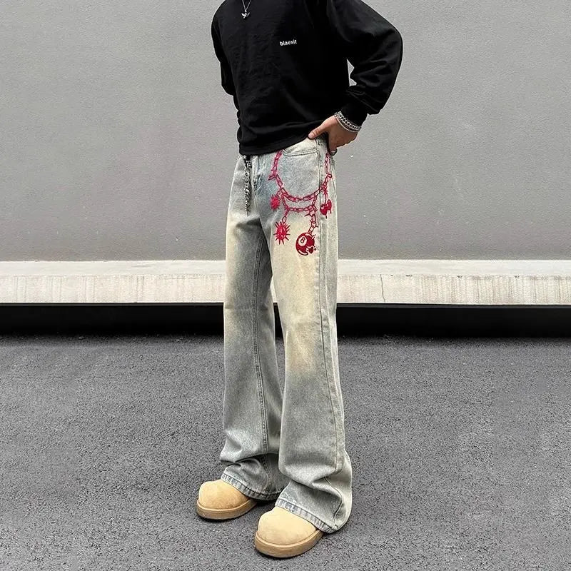 American retro men and women trend personalized embroidered straight leg washed jeans couple spring and autumn casual pants y2k