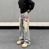 American retro men and women trend personalized embroidered straight leg washed jeans couple spring and autumn casual pants y2k