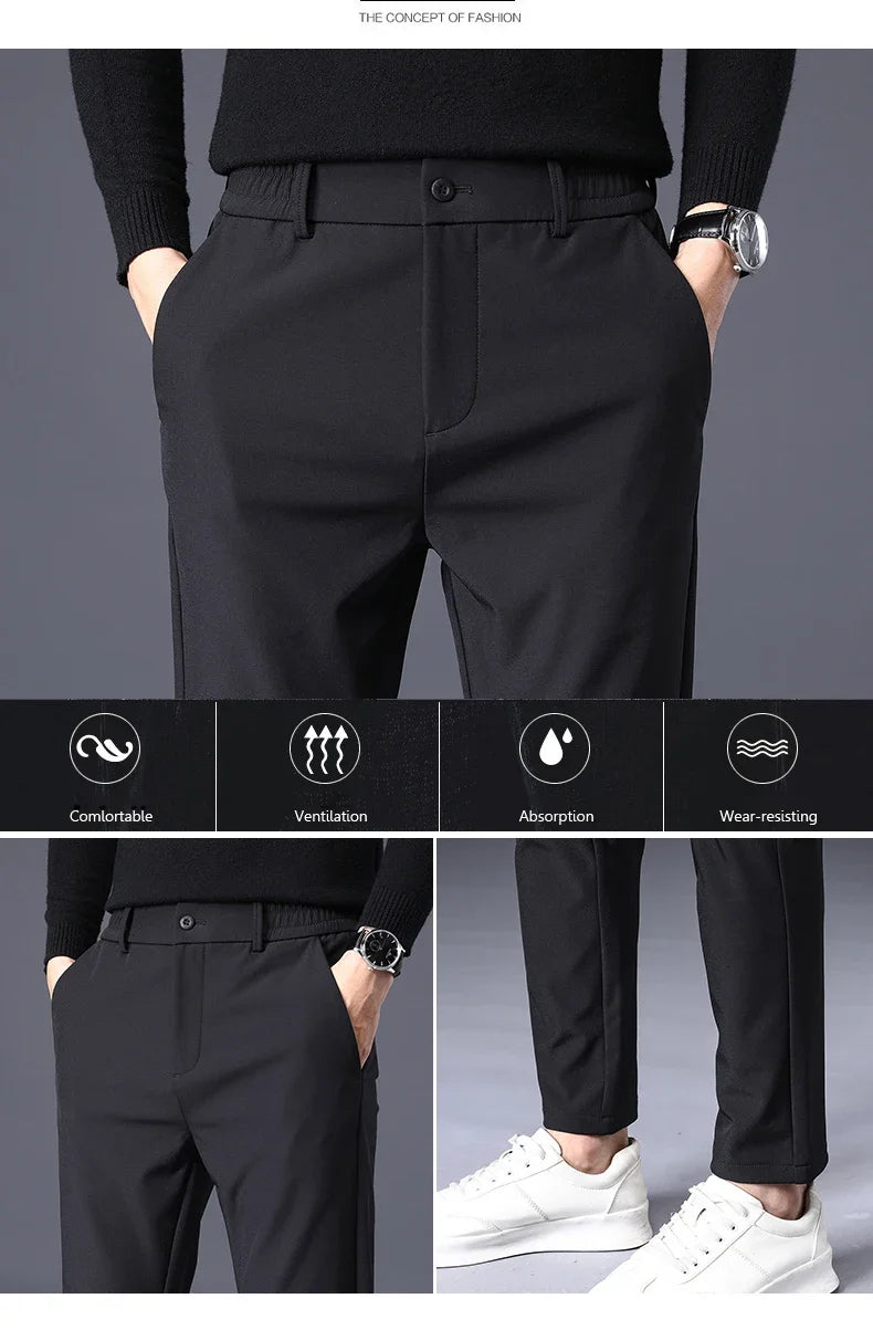 Winter Warm Fleece Men's Business Casual Pants Stretch Slim Fashion Korean Thermal Trousers Classic Simple Male Plush Clothes
