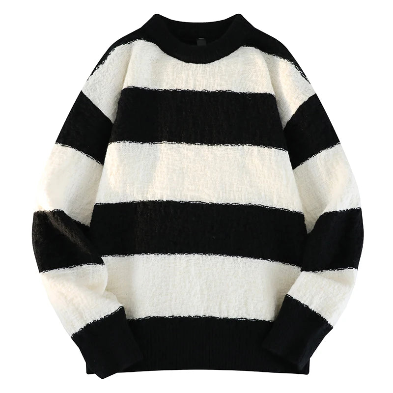 Men's New Black and White Striped Sweater Men's Autumn and Winter Loose Pullover Casual Top Men's Homestay Casual Warmth