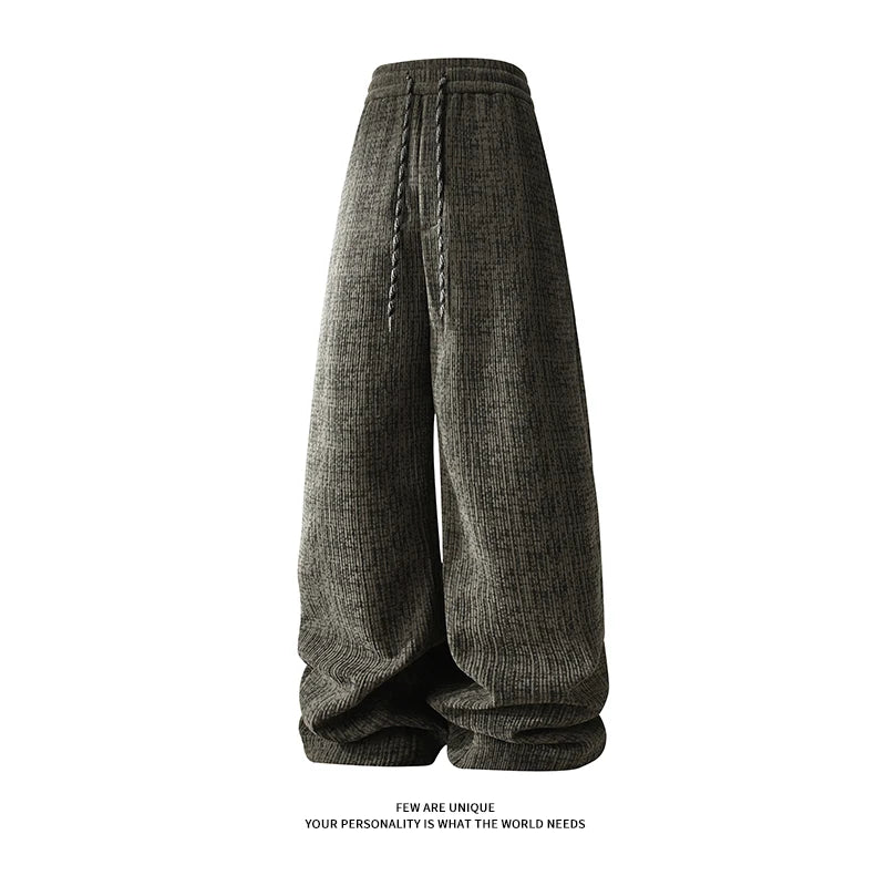 Winter Korean Men's Fleece Warm Casual Wide Leg Pants Trendy Straight Long Pants Elastic Waist Sweatpants Thermal Trousers