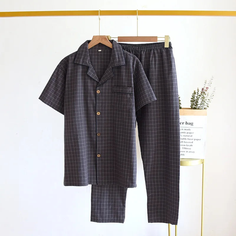 Men's Trousers Pajamas Set for Spring and Summer Thin Plaid Design Cotton Fabric Short Sleeved Long Pants Home Men Pyjama Set