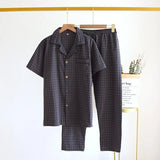 Men's Trousers Pajamas Set for Spring and Summer Thin Plaid Design Cotton Fabric Short Sleeved Long Pants Home Men Pyjama Set