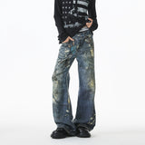 Jean Men Unique Design Graffiti Street Style Drag Jeans Urban Trendy Fashion Distressed Long Fit Casual Denim Pants Edgy Hip Hop