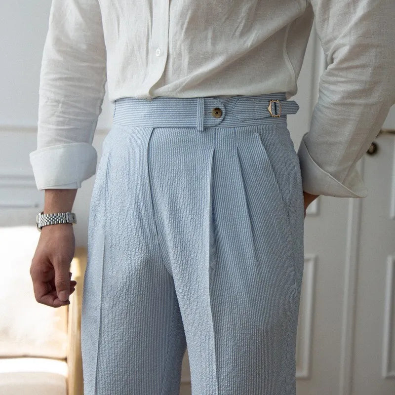 Men's Luxury Naples Slim-fit Thin Blue Striped Dress Pants Solid Color British Retro Premium Elegant Leisure High Waist Trousers