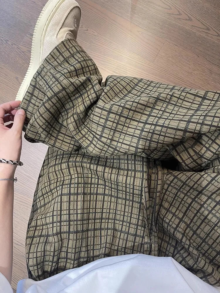 Spring Autumn Cool Oversized Long Flowy Baggy Wide Leg Pants for Mens Streetwear Loose Plaid Canvas Trousers