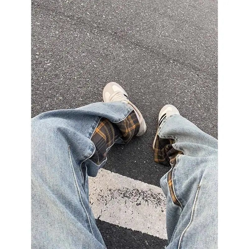 Trendy hip-hop men and women trendy personality checkered splicing straight leg jeans for couples loose retro casual pants y2k