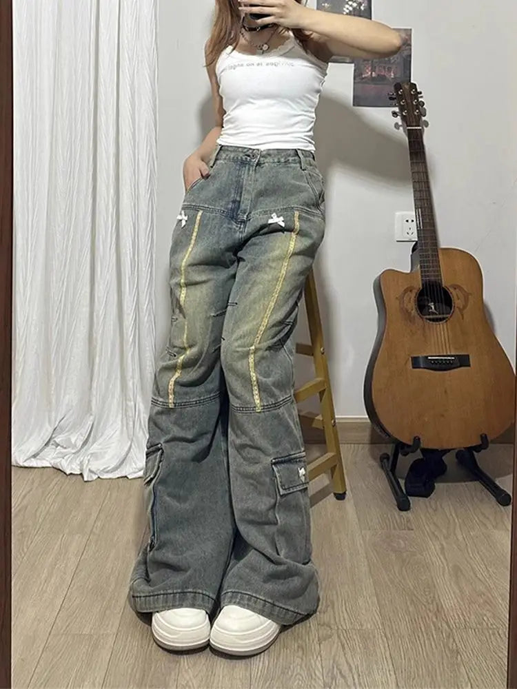 Spring and Autumn New Men and Women Trendy Personalized Straight Tube Splicing Jeans for Couples Loose Retro Casual Pants
