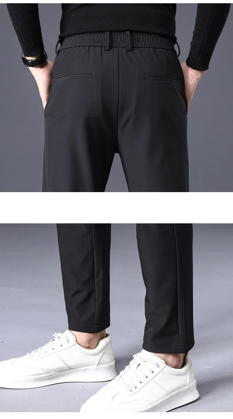 Winter Warm Fleece Men's Business Casual Pants Stretch Slim Fashion Korean Thermal Trousers Classic Simple Male Plush Clothes