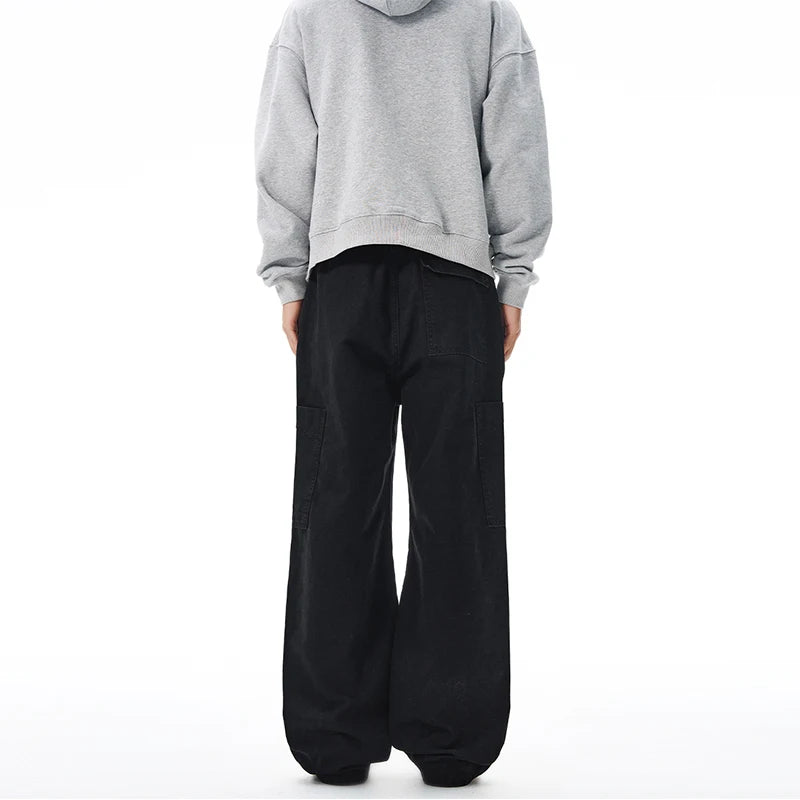 American Loose Straight Cargo Pants Men's Fashion Streetwear 100% Cotton Vintage Large Pocket Loose Casual Wide-leg Trousers