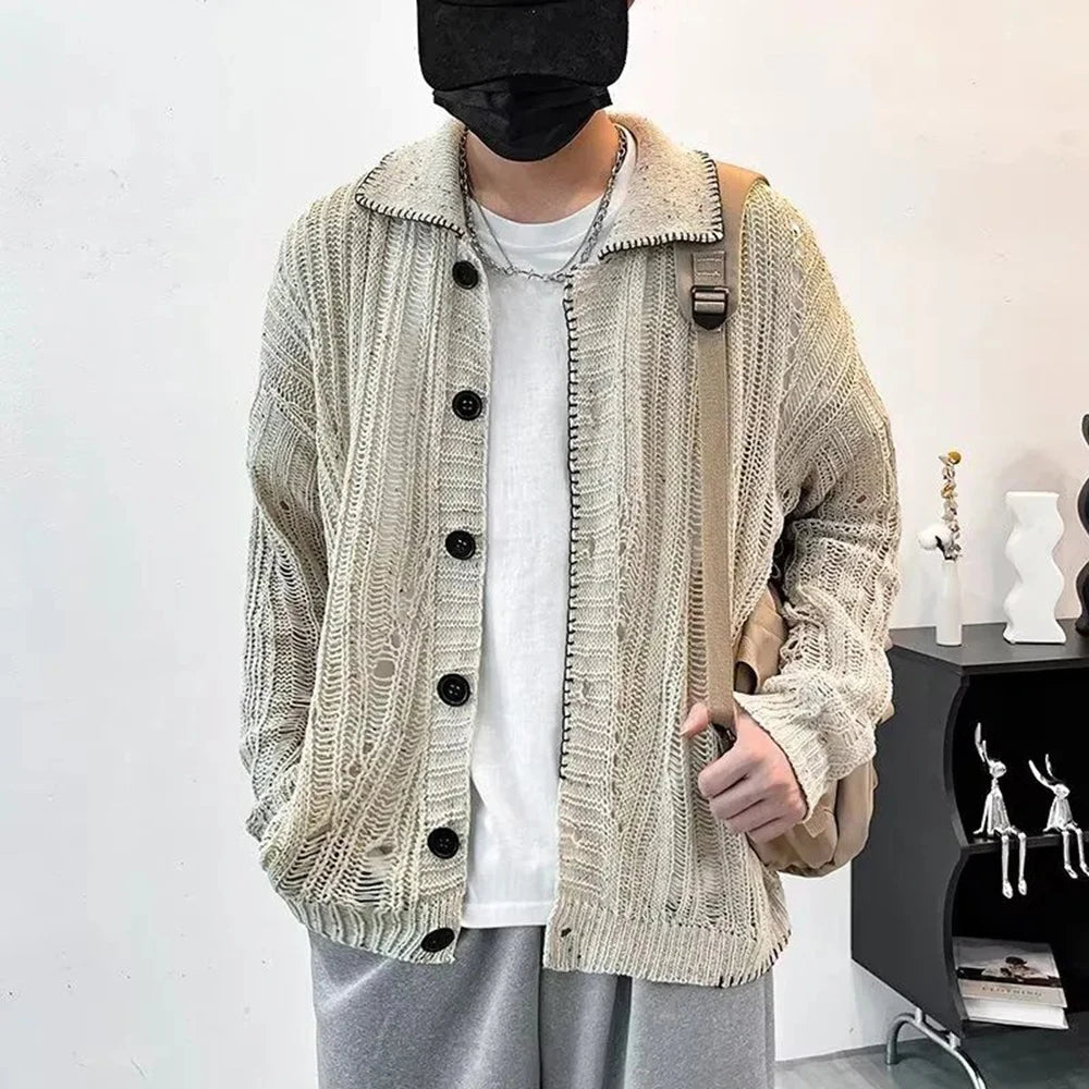 Fashion Casual Lazy Style Hole Knitted Sweater Cardigan Men Autumn And Winter Trend High-End American Street Retro Y2k Jacket