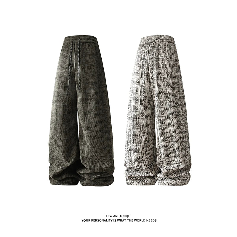 Winter Korean Men's Fleece Warm Casual Wide Leg Pants Trendy Straight Long Pants Elastic Waist Sweatpants Thermal Trousers