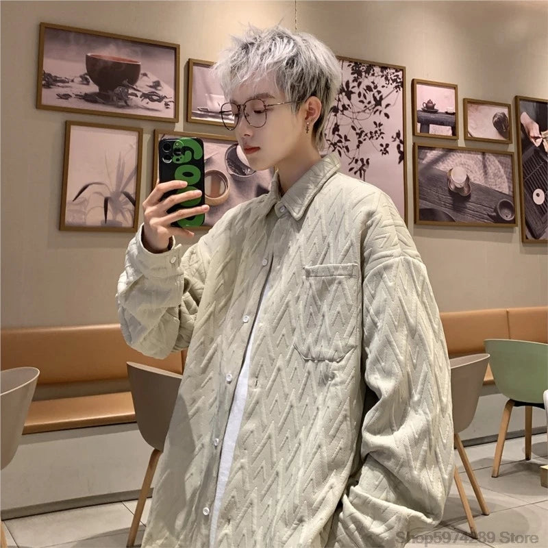 Autumn Winter Geometry Long-sleeved Shirt Men Fashion Social Mens Shirts Korean Loose Casual Blouse Men Oversized 5XL-M