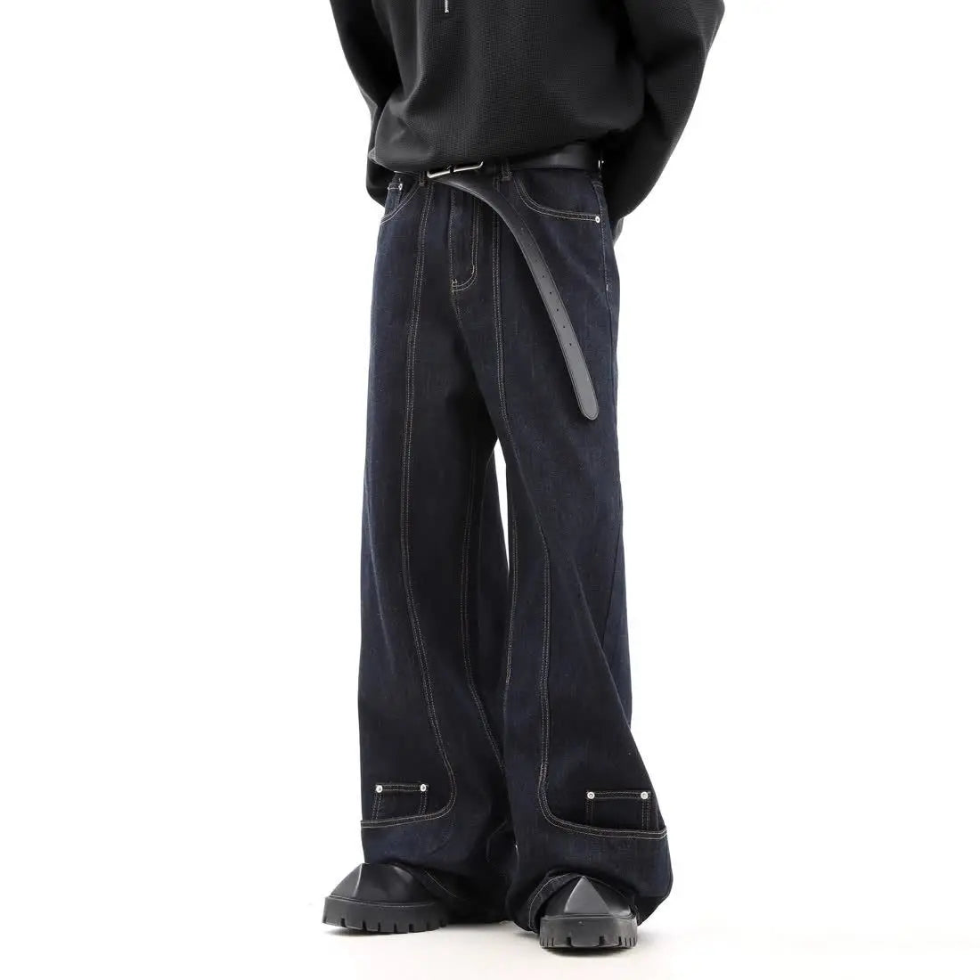 Street men and women trendy personality retro design straight leg jeans couple hip-hop loose floor length casual pants y2k