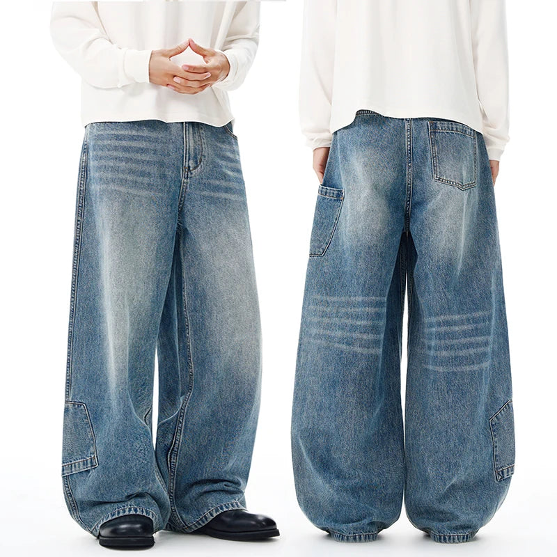 Multi-pocket Loose Wide-leg Jeans Men's Cotton Vintage Washed Denim Pants Hip-hop Fashion Y2K Streetwear Autumn Casual Trousers