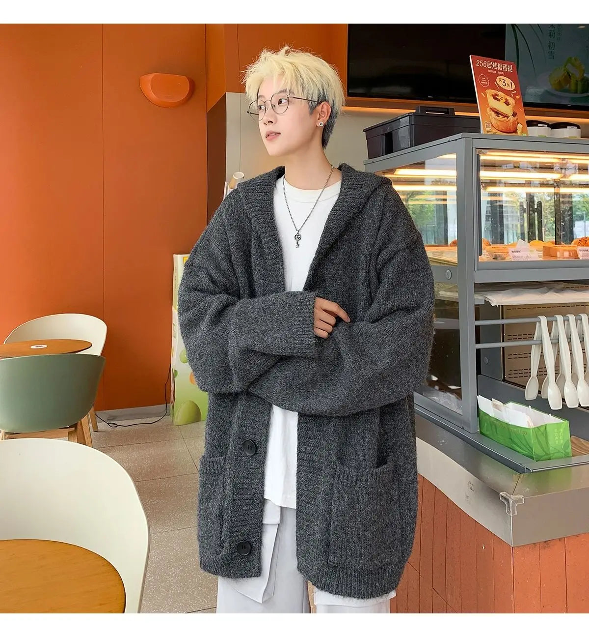 Cardigans Men Loose Korea Style Hooded Warm Autumn Winter Chic Knitted Gray Solid Minimalist Young College All-match Coats Ins