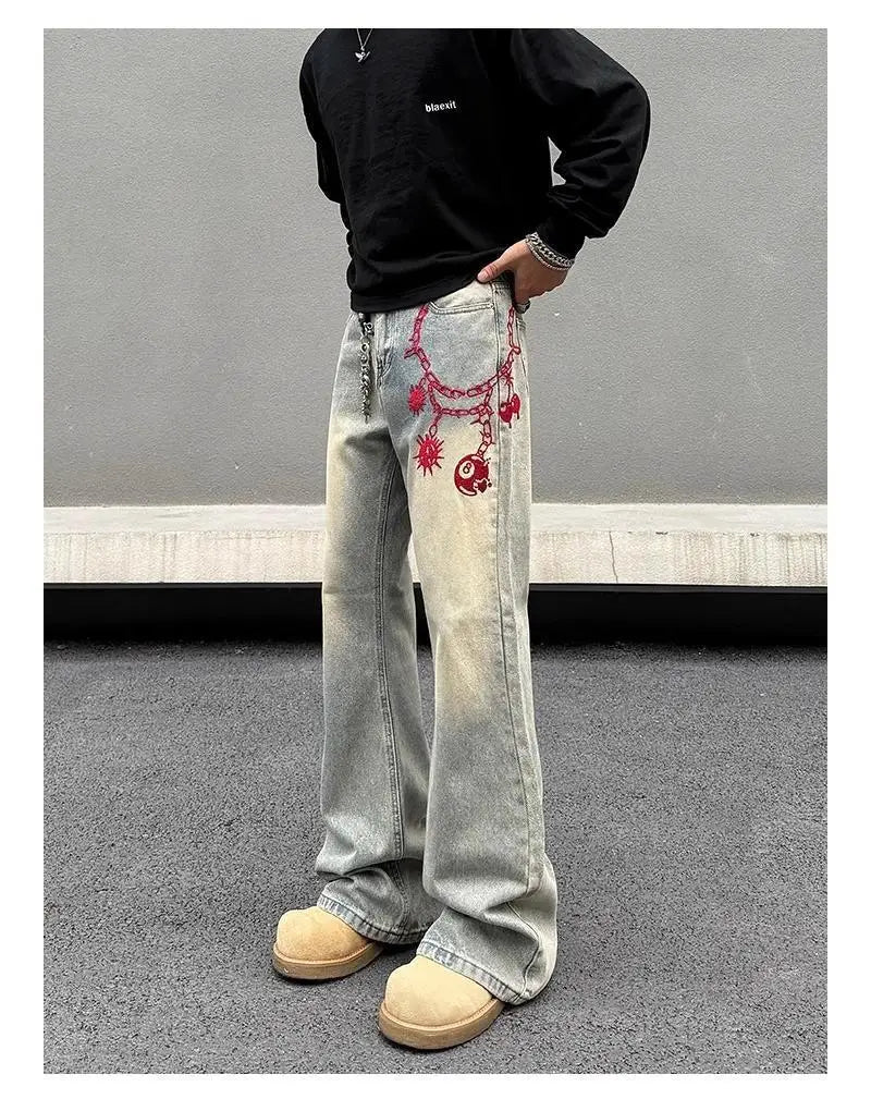 American retro men and women trend personalized embroidered straight leg washed jeans couple spring and autumn casual pants y2k