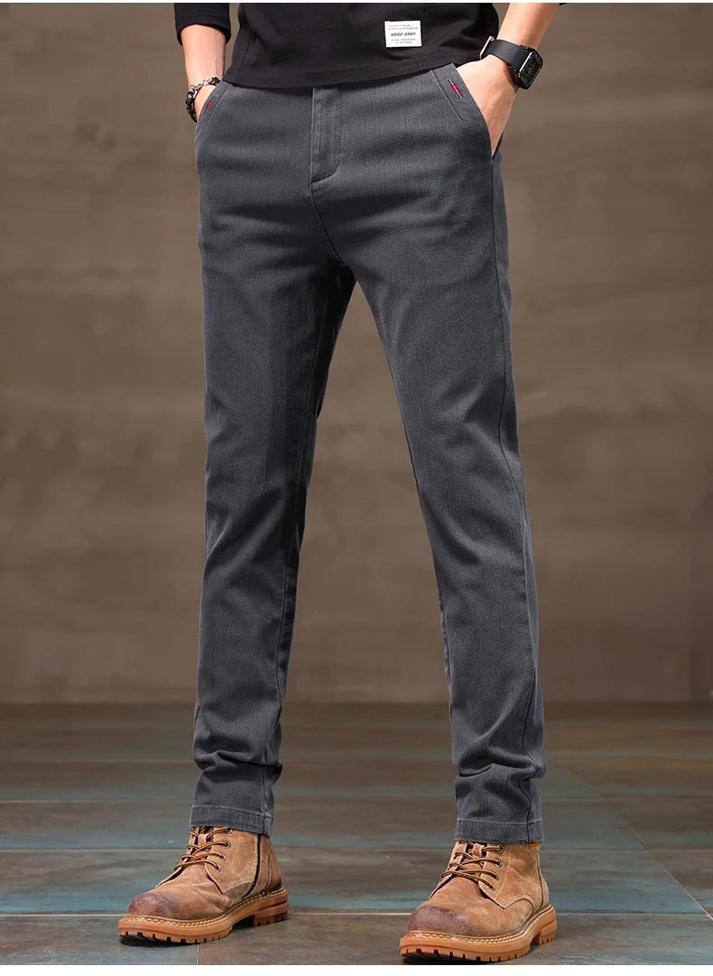 Men's Business Casual Pants Stretch Slim Fit Straight Semi-elastic Waist Trousers Solid Classic Office Work Male Clothing