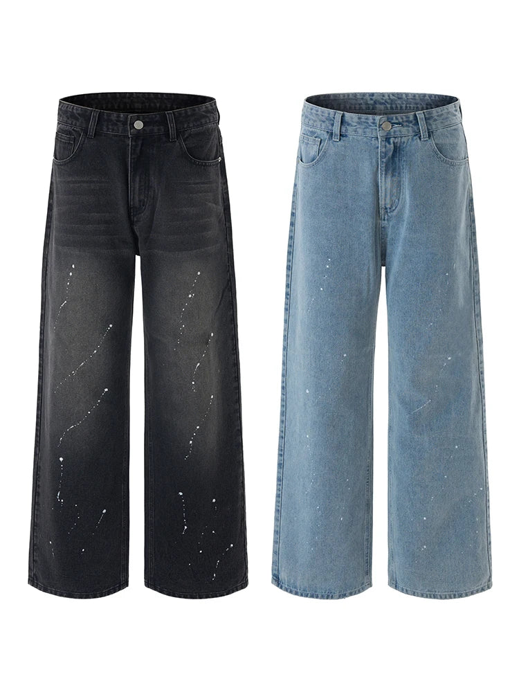 Fashion Graffiti Black Loose Wide-leg Jeans Men's Autumn New American Simple Basic Wash Denim Pants Loose Straight Trousers