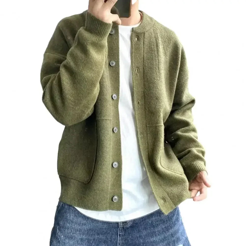 Autumn Winter Thick Warm Sweater Coat Men's Round Neck Knitted Cardigan Single-breasted Solid Sweater Casual Loose Coat Men