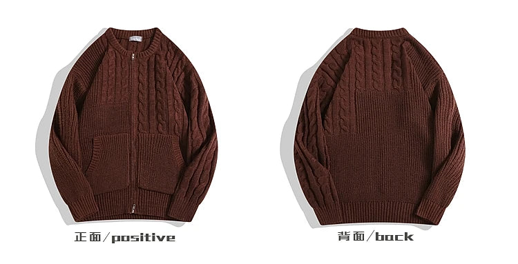 Men and Women Japanese Simple Double Zipper Twist Sweaters Cardigan Autumn Winter O-neck Simple Versatile Casual Knitted Jackets