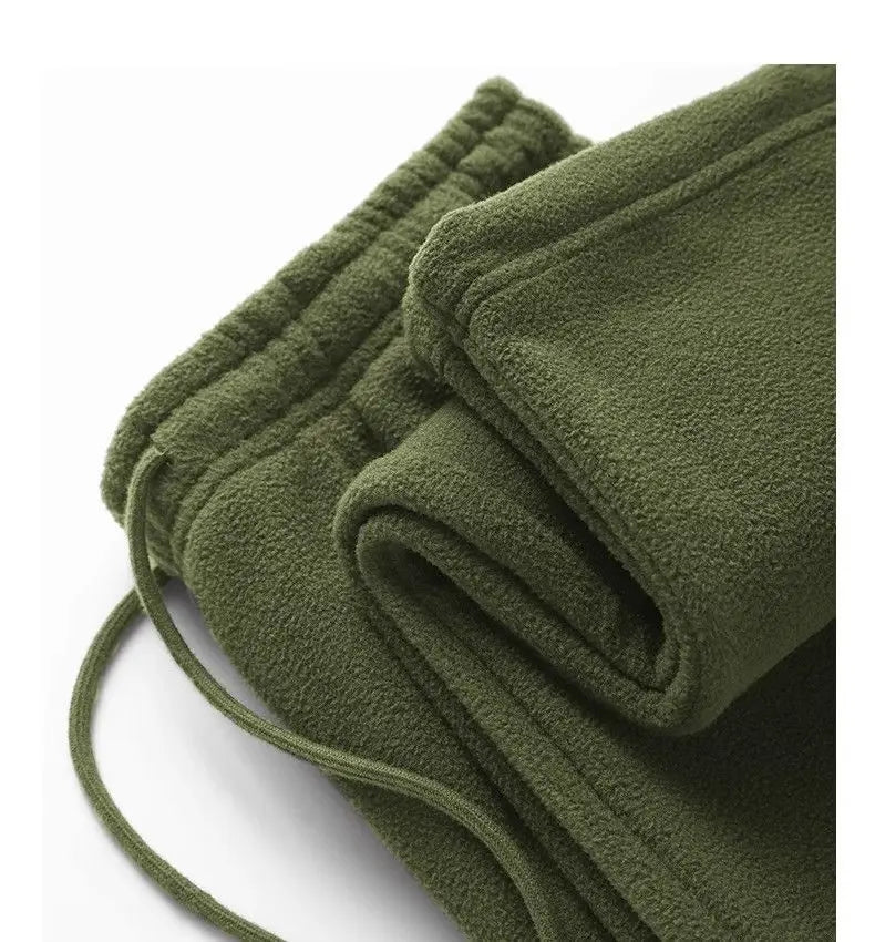 Double-sided Fleece! Retro Military Green Straight-leg Pants Women Loose Thickened Warm Drawstring Casual Wide-leg Pants Men
