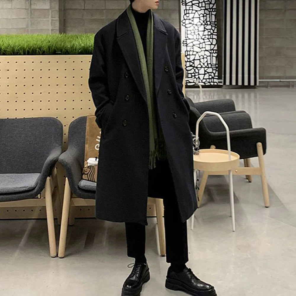 Mens Double-Breasted Mid-Length Coat Autumn Winter Genderless Korean Style Fashion Commuter Thickened Elegant Retro Coat Unisex