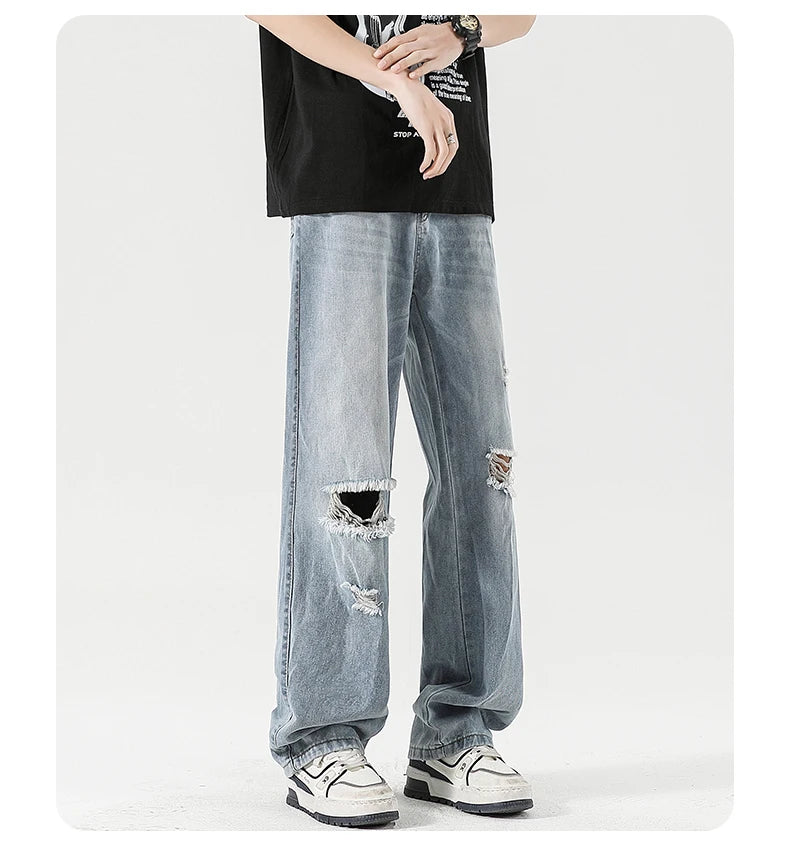 2025 Spring New Men's Ripped Jeans Baggy Straight Classic Light Blue Wide Leg Pants Elastic Waist Vintage Fashion Trousers Male