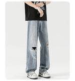 2025 Spring New Men's Ripped Jeans Baggy Straight Classic Light Blue Wide Leg Pants Elastic Waist Vintage Fashion Trousers Male