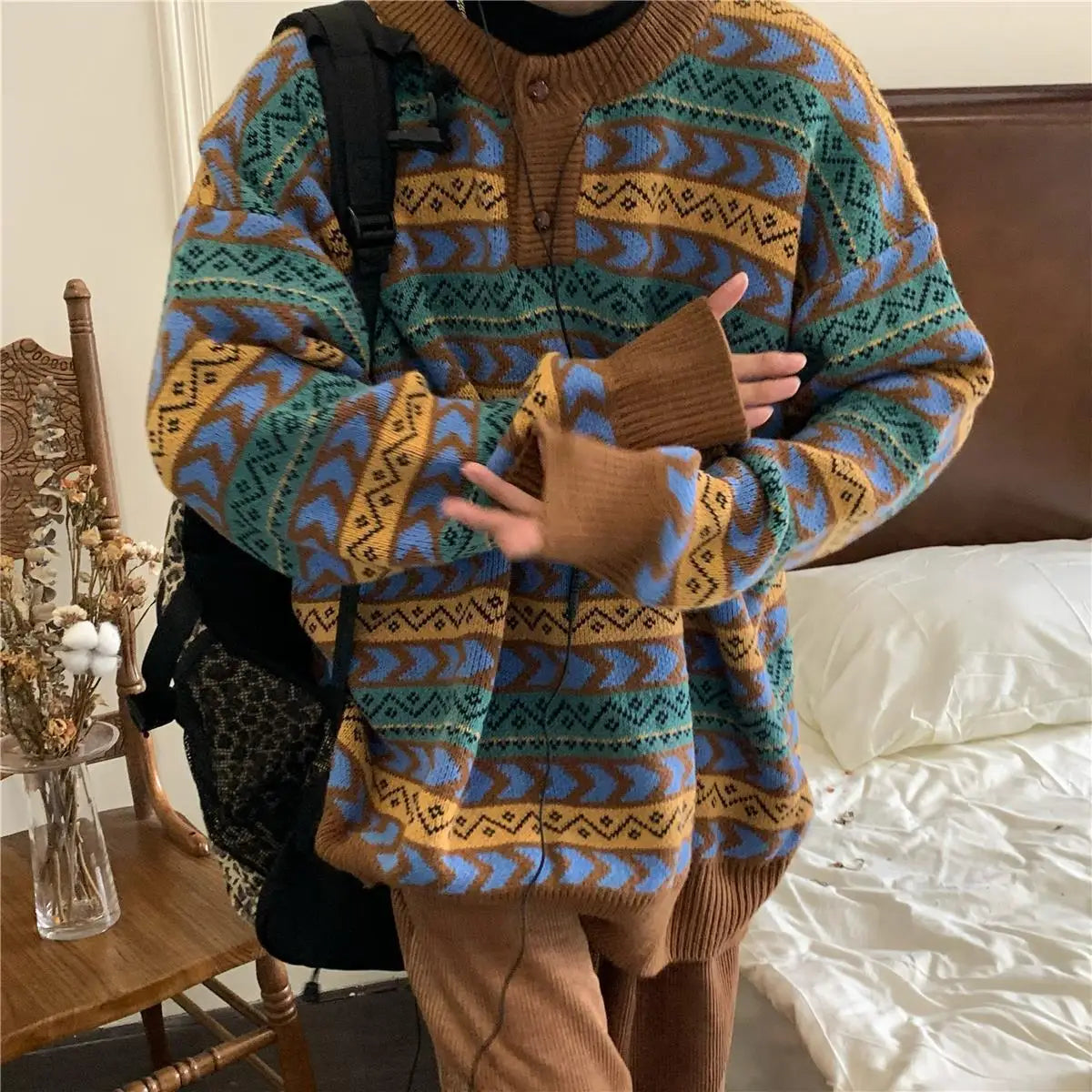American autumn and winter men and women trendy personality lazy sweater couple loose retro casual round neck Harajuku knitted