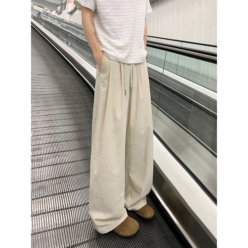 Summer Pink Thin Pants Men Fashion Black Casual Pants Men Streetwear Hip-hop Loose Wide Leg Pants Mens Ice Silk Trousers