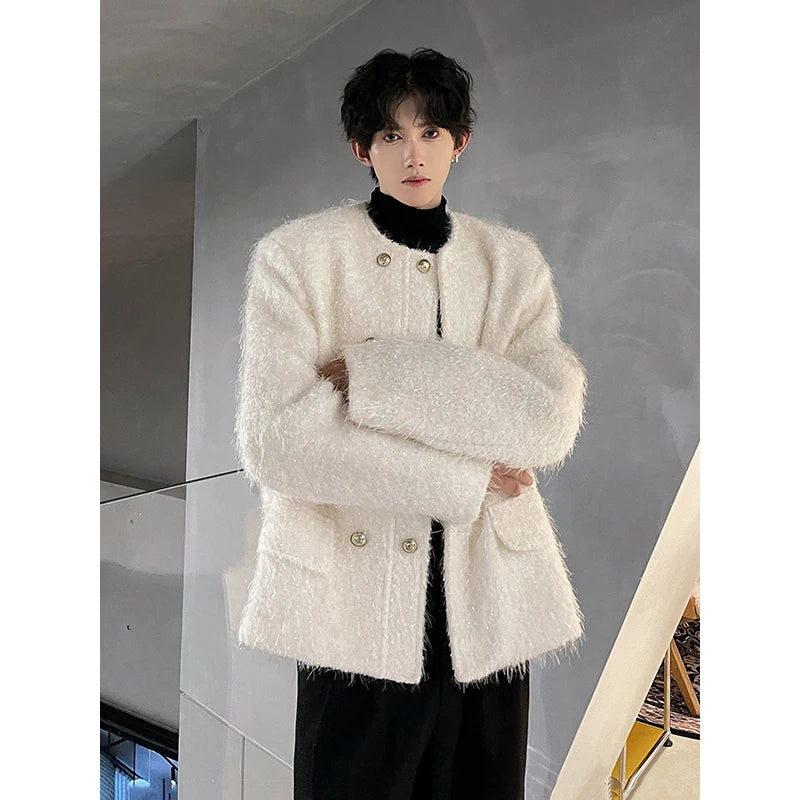 Men's Double-breasted Woolen jacket Cardigan Autumn Winter Trend Collarless Jacket Fashion Korean Style Chic Elgance Coat
