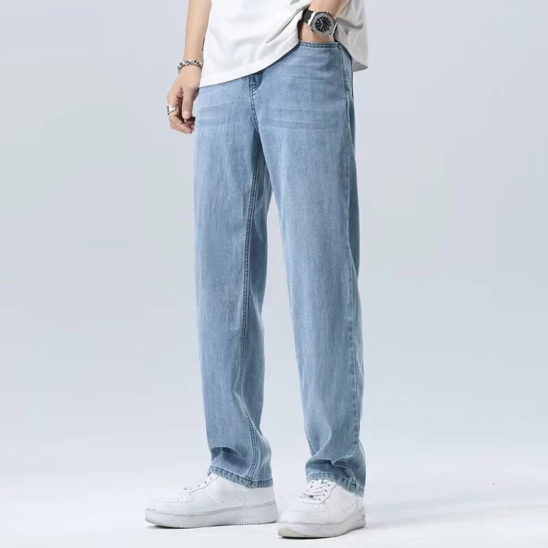 Men Comfortable Lyocell Fabric Thin Jeans Male Baggy Straight Leg Casual Denim Pants Trend Brand Daily Wide Leg Draping Trousers