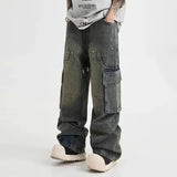 Spring High Street Men and Women Trendy Elastic Belt Work Clothes Jeans Couple Straight Tube Loose Water Washed Casual Pants y2k