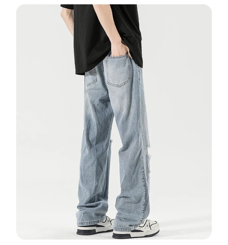 2025 Spring New Men's Ripped Jeans Baggy Straight Classic Light Blue Wide Leg Pants Elastic Waist Vintage Fashion Trousers Male
