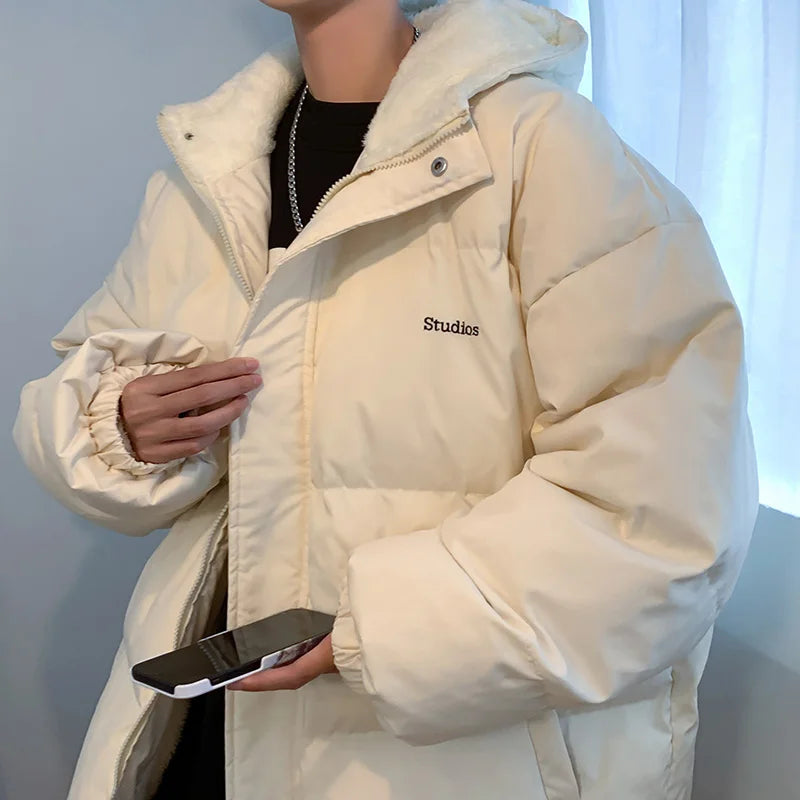 Winter Mens Hooded Parkas Quilted Jackets Man Woolly Lining Windbreaker Outerwear Warm Clothes Cotton Padded Coat Black Blue