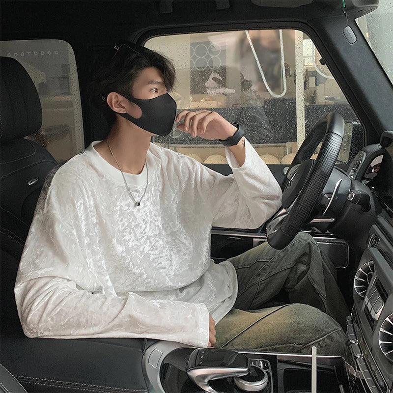 Velvet T Shirt Spring Autumn Simple Long Sleeve Tops Men's T-shirt O-neck Solid Tshirts T Shirt Men Tees Black/White